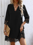 FJØRNA white A-line loose mini dress with hollow design, V-neck, solid color, perfect for casual or semi-formal wear