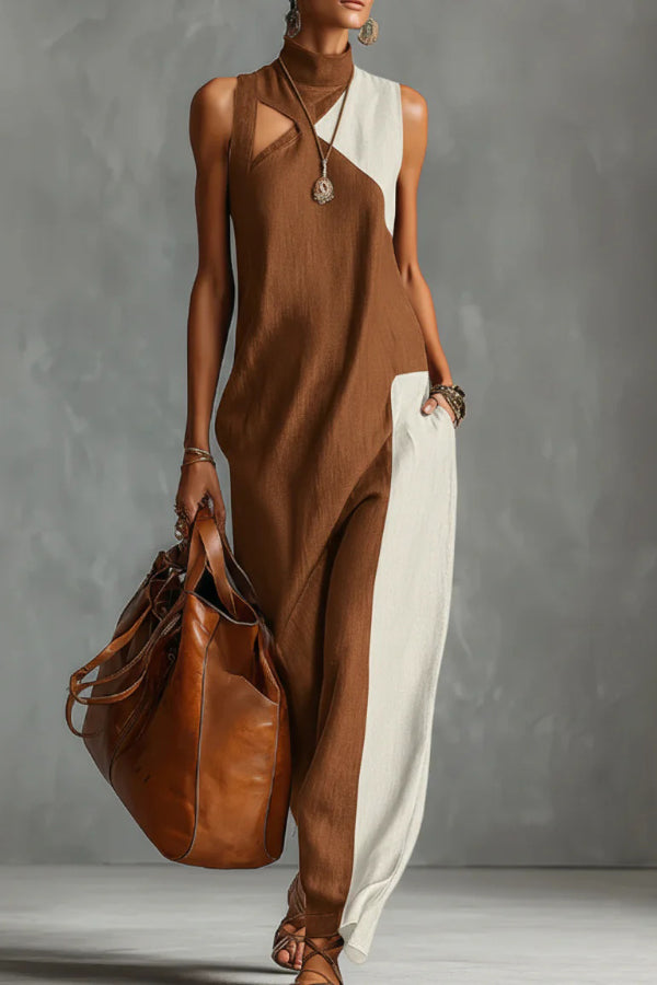 FJØRNA color-blocked high-neck sleeveless casual maxi dress with pockets, stylish and comfortable for everyday wear.