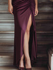 FJØRNA burgundy satin maxi dress with double straps and ruched design, elegant evening gown for formal occasions