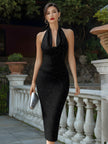 FJØRNA halter cowl-neck midi evening dress for women, elegant sleeveless dress with a flowing silhouette and sophisticated design.