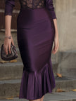 FJØRNA plum lace-panel mermaid midi dress displayed on a hanger, showcasing the fitted silhouette and intricate lace detailing.