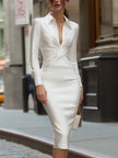 White long-sleeve twist-front shirt dress by FJØRNA, featuring a tailored fit and classic collar style, perfect for casual or office wear.