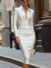 White long-sleeve twist-front shirt dress by FJØRNA, featuring a tailored fit and classic collar style, perfect for casual or office wear.