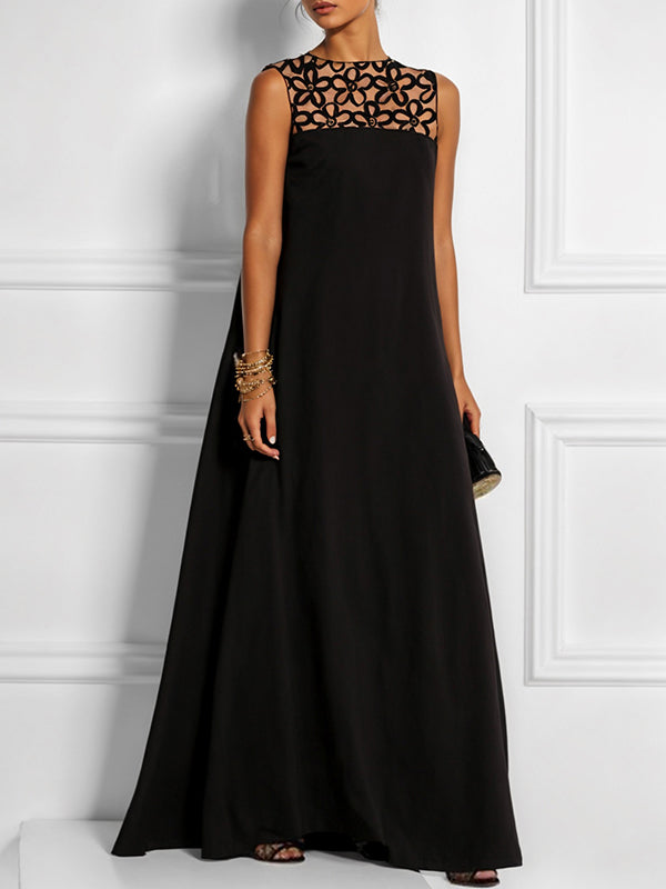 FJØRNA white sleeveless maxi dress with hollow split-joint design, round neck, and solid color, flowing and elegant.