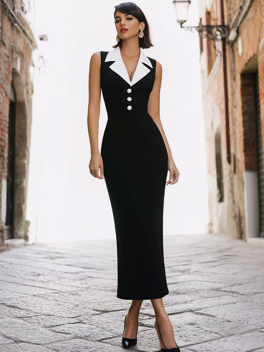 FJØRNA elegant contrast collar sleeveless maxi pencil dress for women, featuring a fitted silhouette and stylish design.