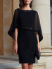 FJØRNA Mbellished cape-sleeve sheath midi dress for women, elegant dress with embellished details and a fitted silhouette.