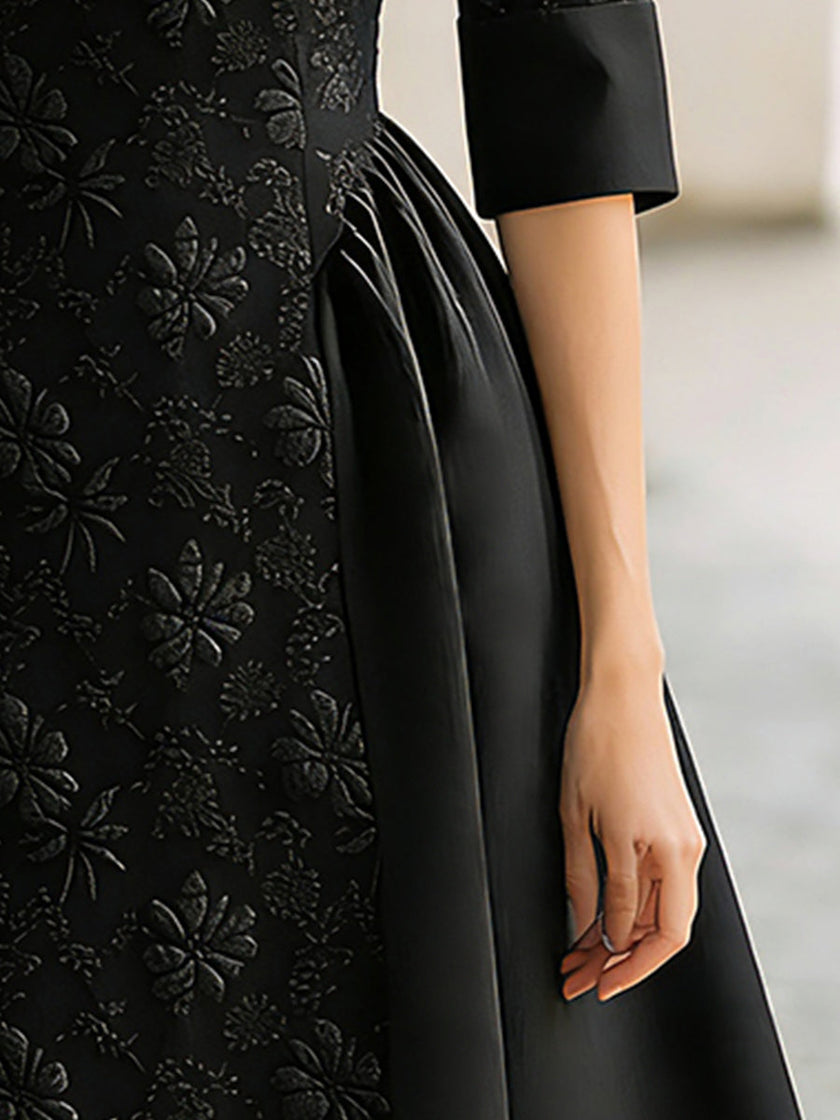FJØRNA elegant jacquard short-sleeve A-line midi dress for women, showcasing a stylish midi dress with intricate jacquard fabric.
