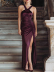 FJØRNA Burgundy double-strap ruched satin maxi dress with elegant draping and a flowing silhouette, perfect for formal occasions.