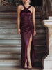 FJØRNA Burgundy double-strap ruched satin maxi dress with elegant draping and a flowing silhouette, perfect for formal occasions.