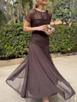 FJØRNA elegant mesh pleated wide-leg maxi dress for women, hip-hugging design with a flowing, stylish silhouette.