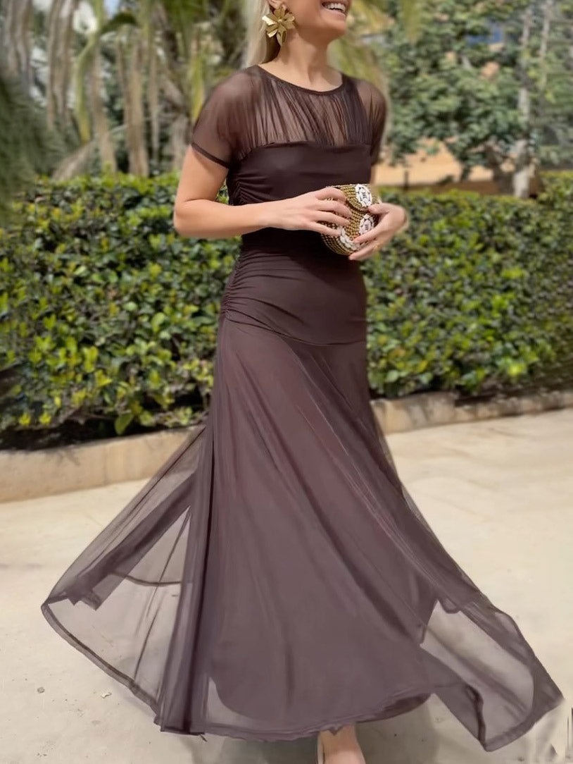 FJØRNA elegant mesh pleated wide-leg maxi dress for women, hip-hugging design with a flowing, stylish silhouette.