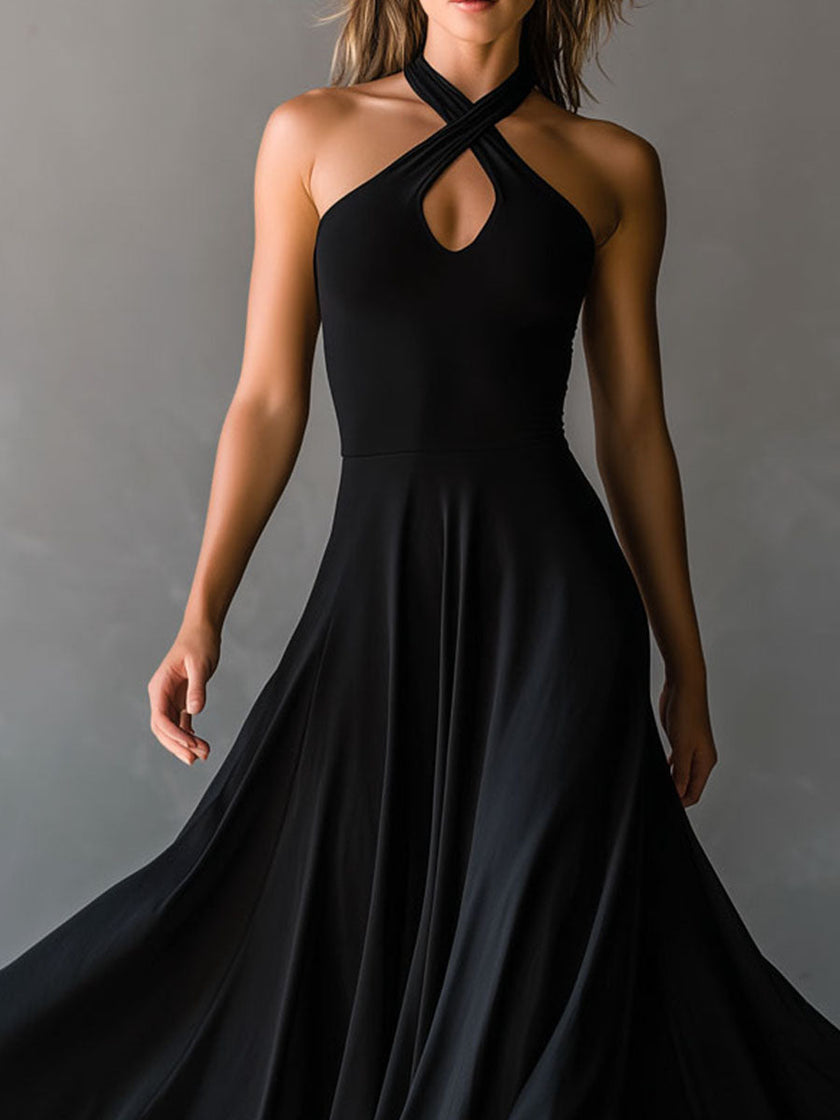 Black Halter Neck Midi Dress | Evening Dress