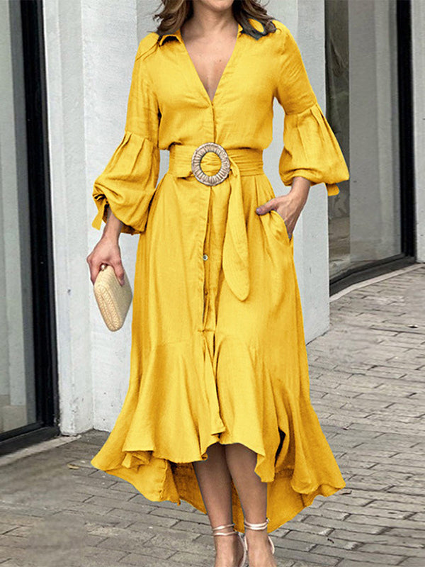 White FJØRNA high-low puff sleeve pleated maxi dress with lapel collar and solid color, elegant and flowing for special occasions.