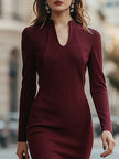 FJØRNA elegant long-sleeve sculpted midi sheath dress for women, fitted and stylish, shown on a model.