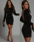 Emmy Sparkle | Long Sleeve Sequin Short Dress With Open Back