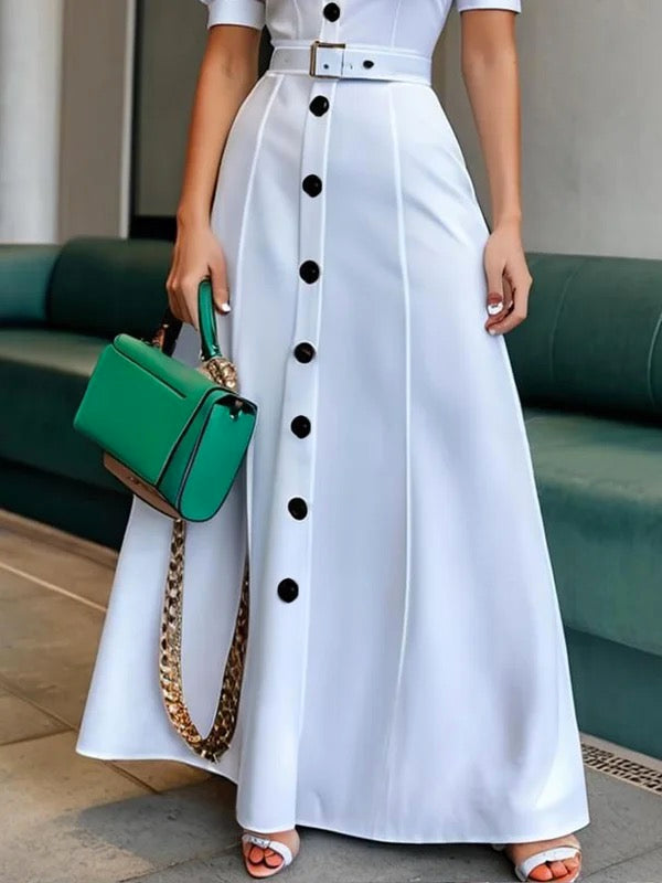 FJØRNA white maxi dress with puff sleeves, short sleeves, belt, button details, solid color, lapel collar, elegant and stylish.