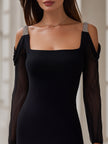 FJØRNA embellished strap cold-shoulder sheer sleeve bodycon dress for women, featuring fitted silhouette and decorative details.