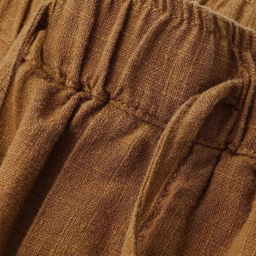 Men's linen blend straight leg trousers by FJØRNA with drawstring waist, relaxed fit, and casual style.