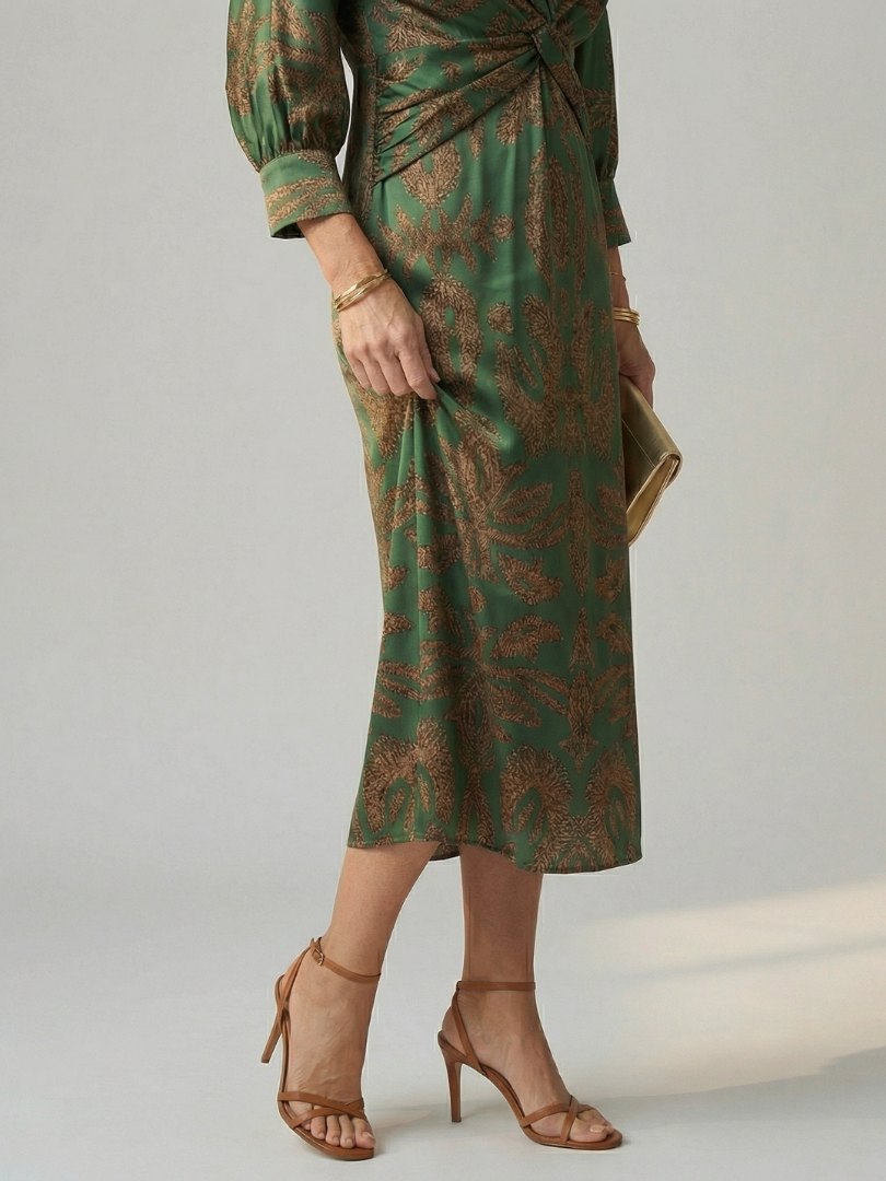 FJØRNA women's summer midi dress with long sleeves, wrap style, flowy fabric, perfect for warm weather and casual occasions.