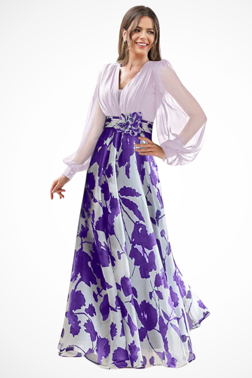 FJØRNA floral print maxi wedding guest dress with V-neck, balloon sleeves, and elegant floral pattern for special occasions