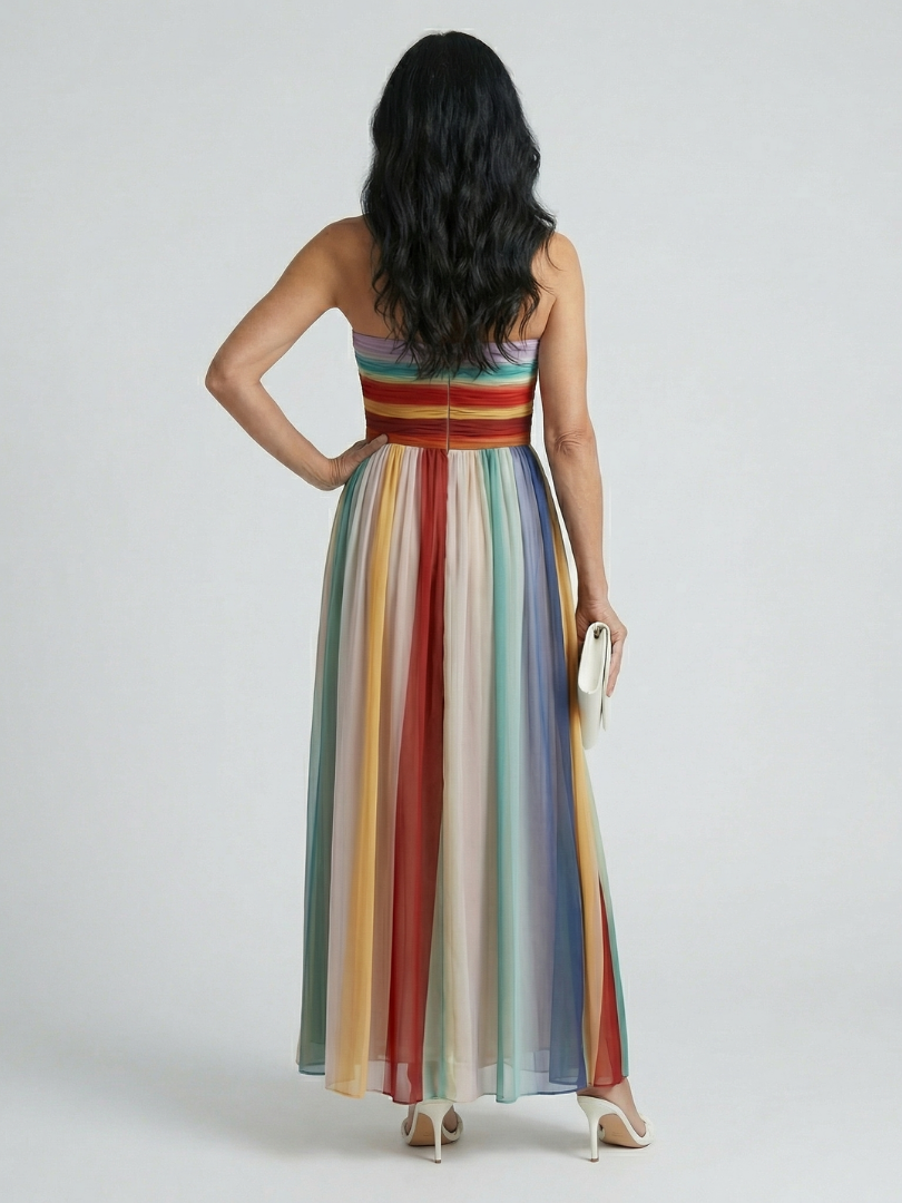 FJØRNA women's summer maxi dress with bold striped strapless design, lightweight and flowy for warm-weather wear.