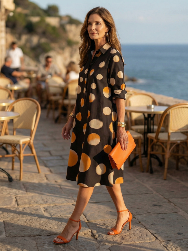 FJØRNA women's polka dot wrap summer dress with short sleeves and V-neck, flowing fabric perfect for warm weather.