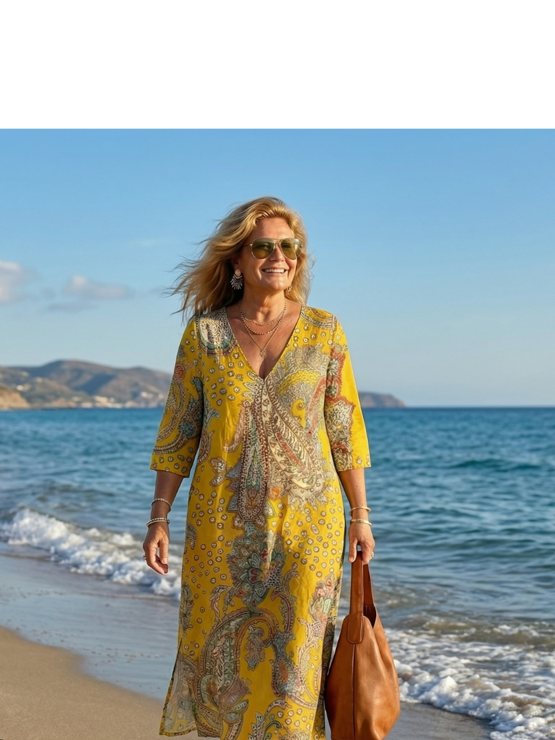 FJØRNA summer midi dress for women with paisley pattern and long sleeves, lightweight and stylish for warm weather.