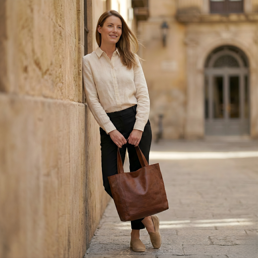 FJØRNA leather tote bag for women, anti-theft travel bag with secure compartments, stylish and functional for everyday use.