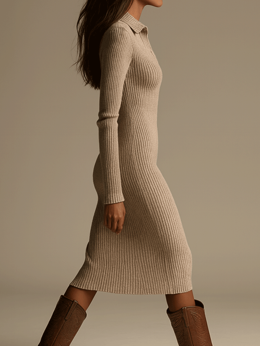 Beige knit bodycon midi dress for women by FJØRNA, featuring a minimalist design perfect for day to night wear.