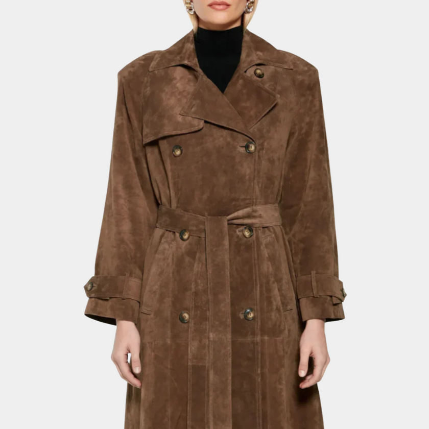 Belted Long Coat Suede Brown