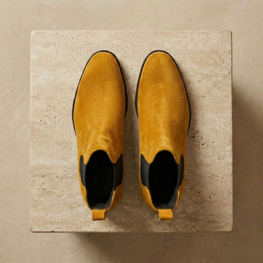 FJØRNA men's tan suede Chelsea boots showing side view with elastic side panels and sleek silhouette.