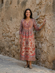 FJØRNA women's summer midi dress with long sleeves, wrap design, flowy relaxed fit, in a stylish light fabric.