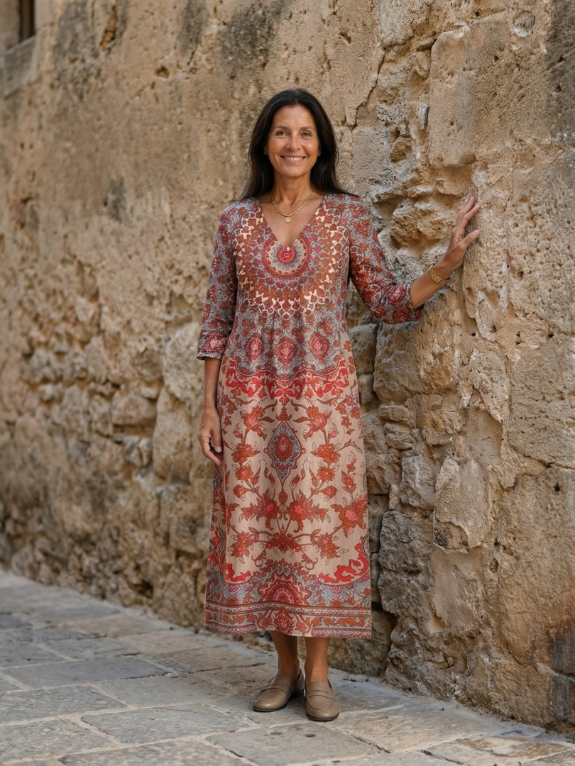 FJØRNA women's summer midi dress with long sleeves, wrap design, flowy relaxed fit, in a stylish light fabric.