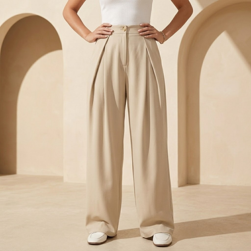Women’s high waisted wide leg tailored trousers by FJØRNA, featuring a sleek fit and crisp fabric in a neutral color.