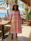 FJØRNA women's summer midi dress with striped long sleeves, flowy lightweight fabric, perfect for warm weather and casual occasions.