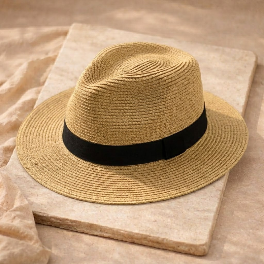 FJØRNA Carolous men's handcrafted classic Panama hat with a wide brim and natural straw texture, stylish and elegant.