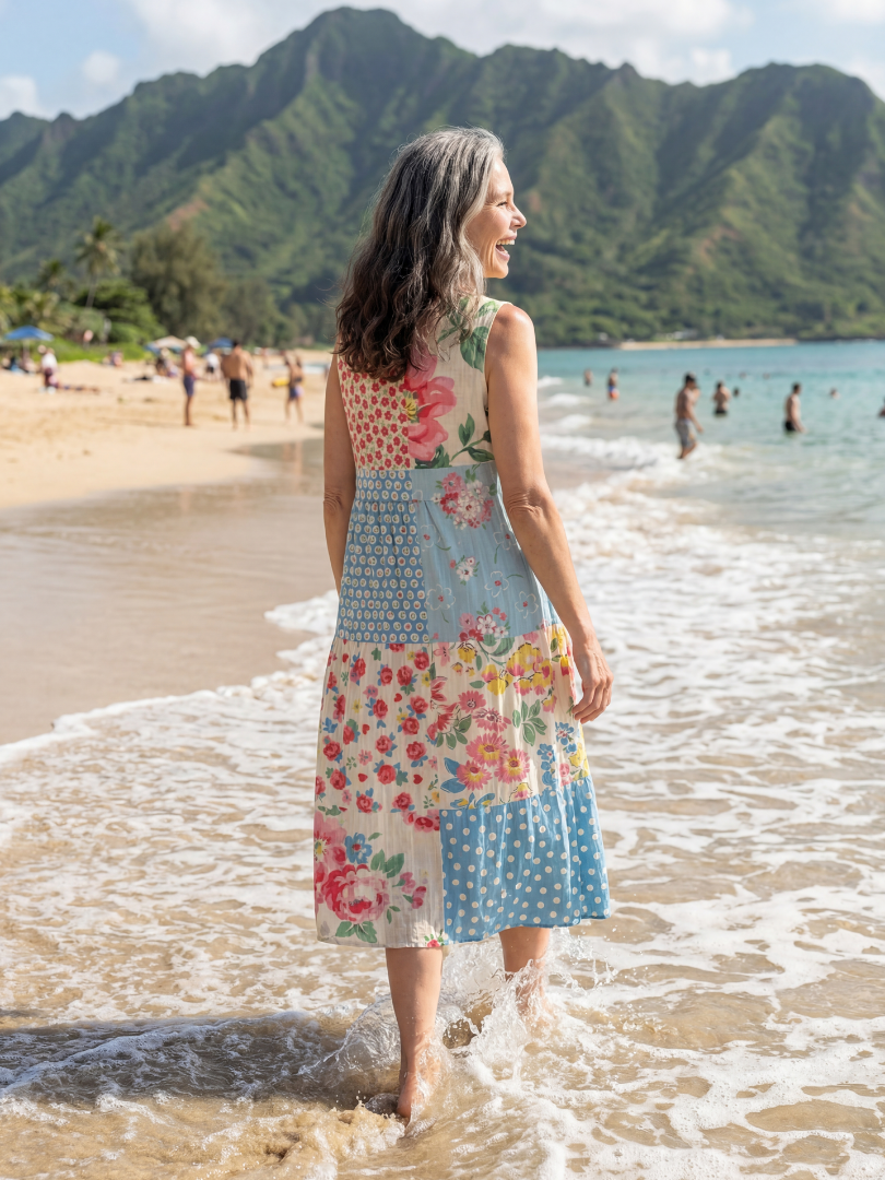 FJØRNA women's summer midi dress with floral pattern, short sleeves, and a flowy, lightweight design for warm weather.