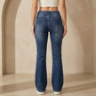 Women’s mid waist stretch flared denim jeans by FJØRNA, showing the fitted waistband and flared leg design.