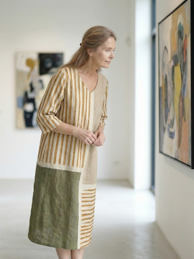 FJØRNA women's summer midi dress with long sleeves and striped wrap design, flowing fabric and V-neckline.