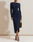 Red FJØRNA midi dress for women featuring a bodycon fit, pleated design, and long sleeves, perfect for elegant occasions.
