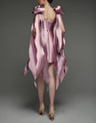 Pink satin cocktail dress for women with square neckline, bodycon fit, and strappy design by FJØRNA.