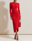 Red FJØRNA midi dress for women featuring a bodycon fit, pleated design, and long sleeves, perfect for elegant occasions.