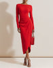 Red FJØRNA midi dress for women featuring a bodycon fit, pleated design, and long sleeves, perfect for elegant occasions.