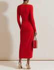 FJØRNA red midi bodycon dress for women with pleated design and long sleeves, suited for elegant occasions.