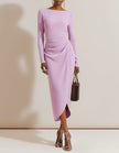 Red FJØRNA midi bodycon dress with pleats and long sleeves, designed for women, shown on a model.
