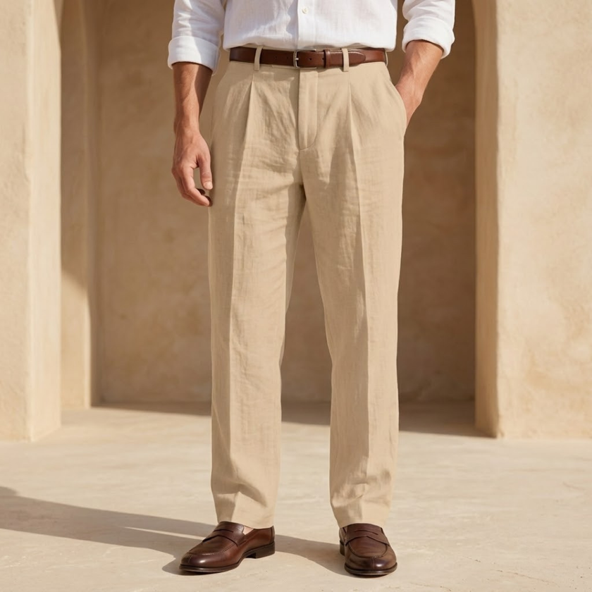 FJØRNA men's linen straight leg trousers with pleats, lightweight and tailored for a stylish, comfortable fit.