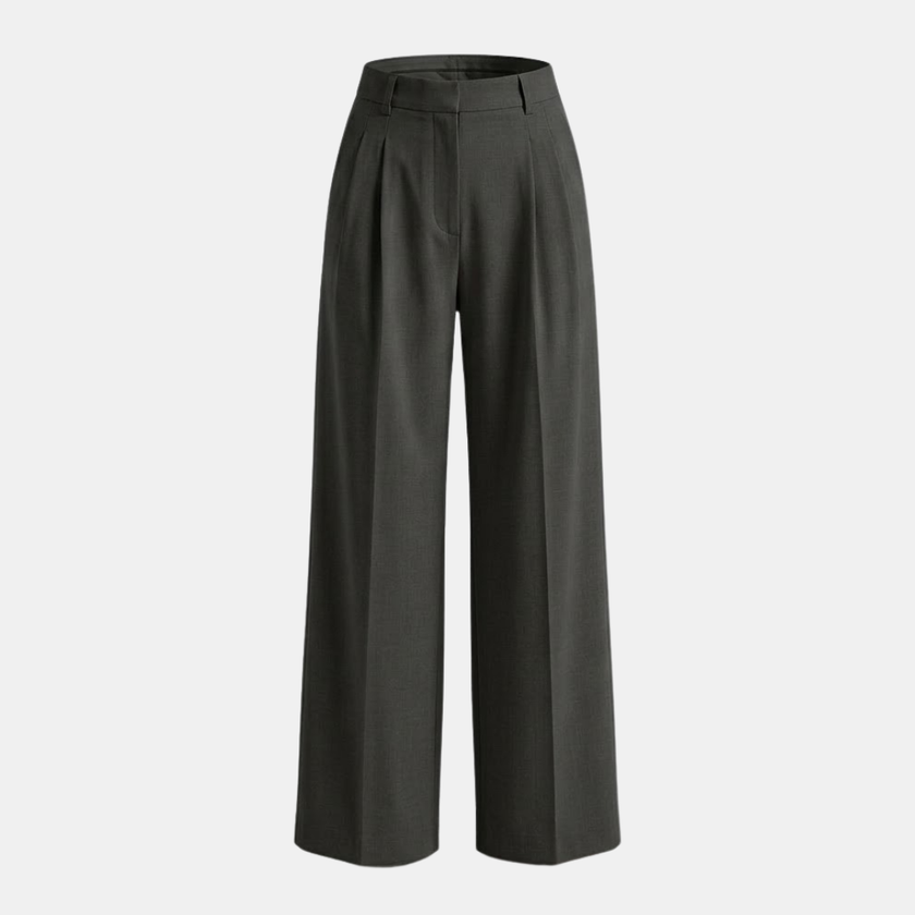 FJØRNA women's high waist wide leg pleated trousers, stylish pants with a relaxed fit and flowing silhouette, shown on a model.
