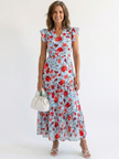FJØRNA women's floral tiered summer midi dress with sleeveless design and lightweight fabric, perfect for warm weather.