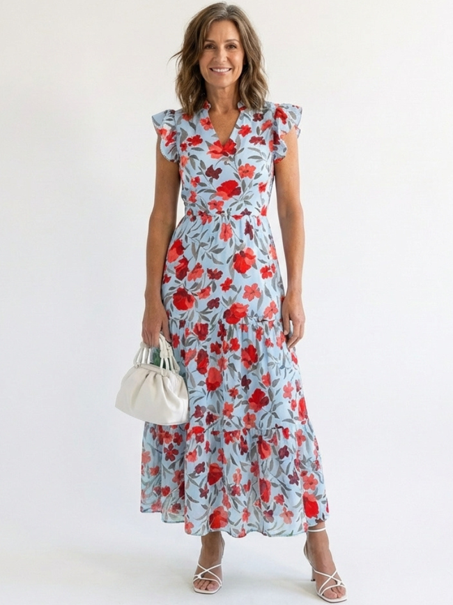 FJØRNA women's floral tiered summer midi dress with sleeveless design and lightweight fabric, perfect for warm weather.