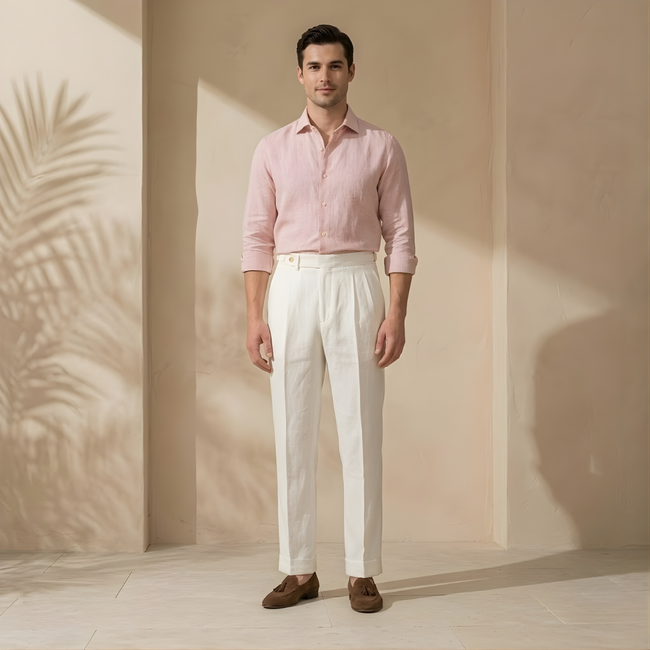 FJØRNA men's linen straight leg trousers with high waist and pleated design, showcasing a relaxed fit and classic style.